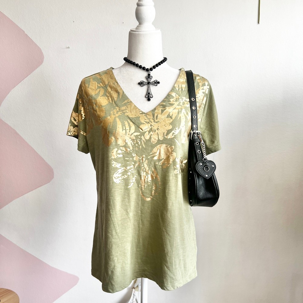 Green Floral Top, Boho Y2K Fairycore Earthy Large Vintage