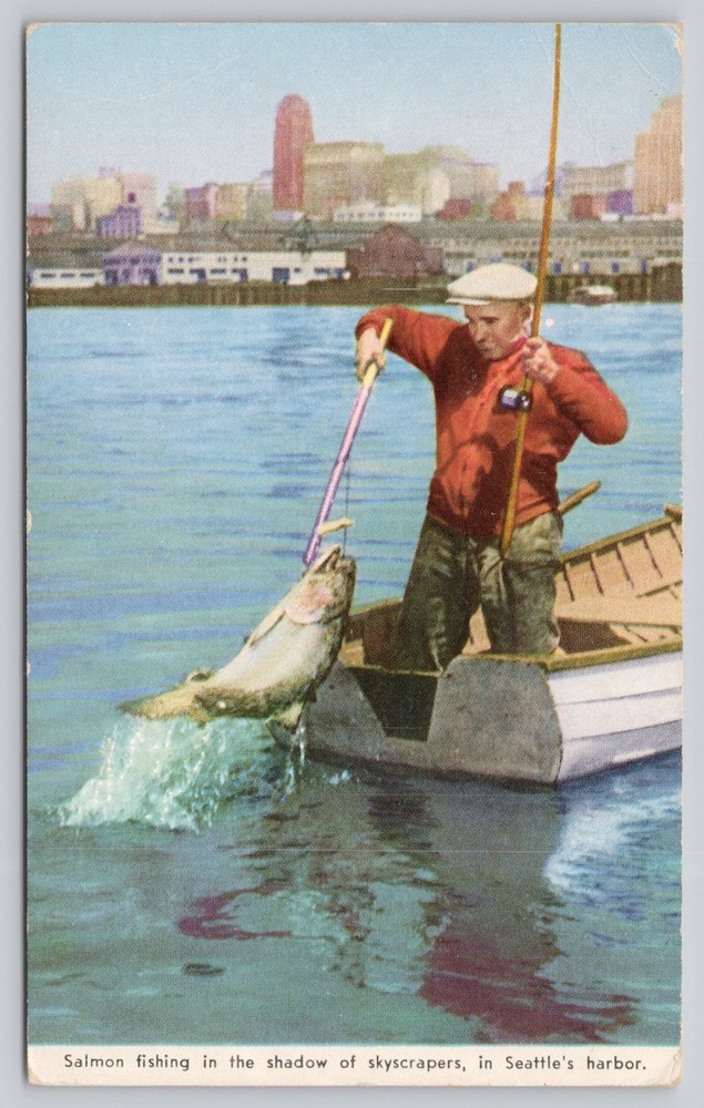 Vintage Seattle Salmon Fishing Postcard - Washington State Progress Commission