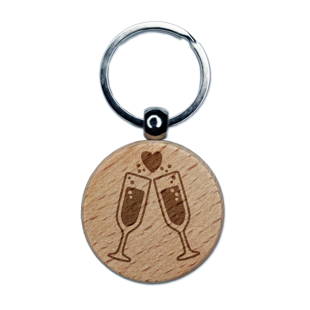 Engraved Champagne Toast Wedding Anniversary Wood Keychain