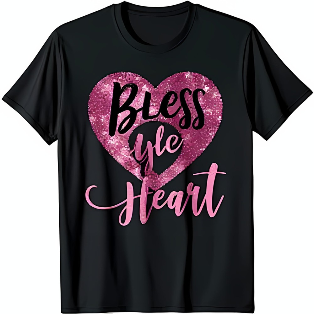Trendy Black T-Shirt with Pink Glitter Heart & Bless y le Graphic
