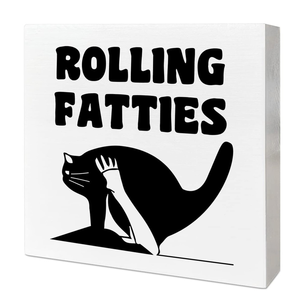 Cat Desk Decor Wooden Box Sign, Rolling Fatties, Funny Cat Decor for Home Bed...