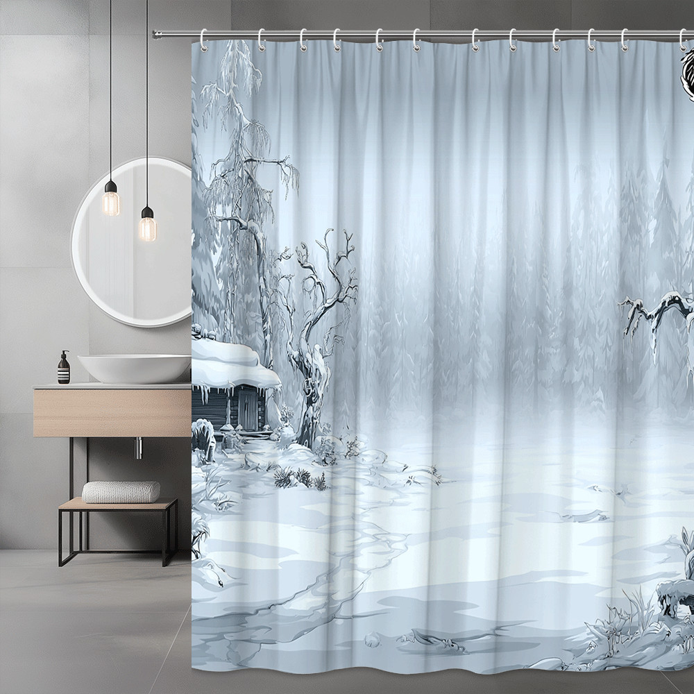 Winter Forest Scene Shower Curtain, Snowy Landscape Printed Design