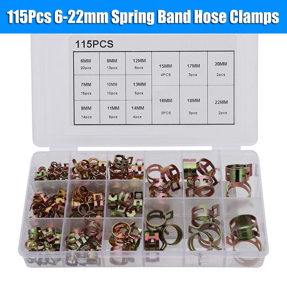 115pcs 6mm-22mm 15Sizes Spring Clips Fuel Vacuum Hose Pipe Clamps Assortment Kit