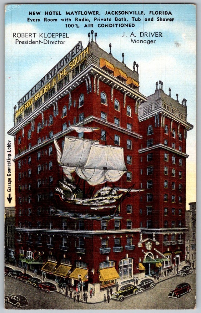 Vtg Linen Postcard New Hotel Mayflower Roof Jacksonville, FL 1940s