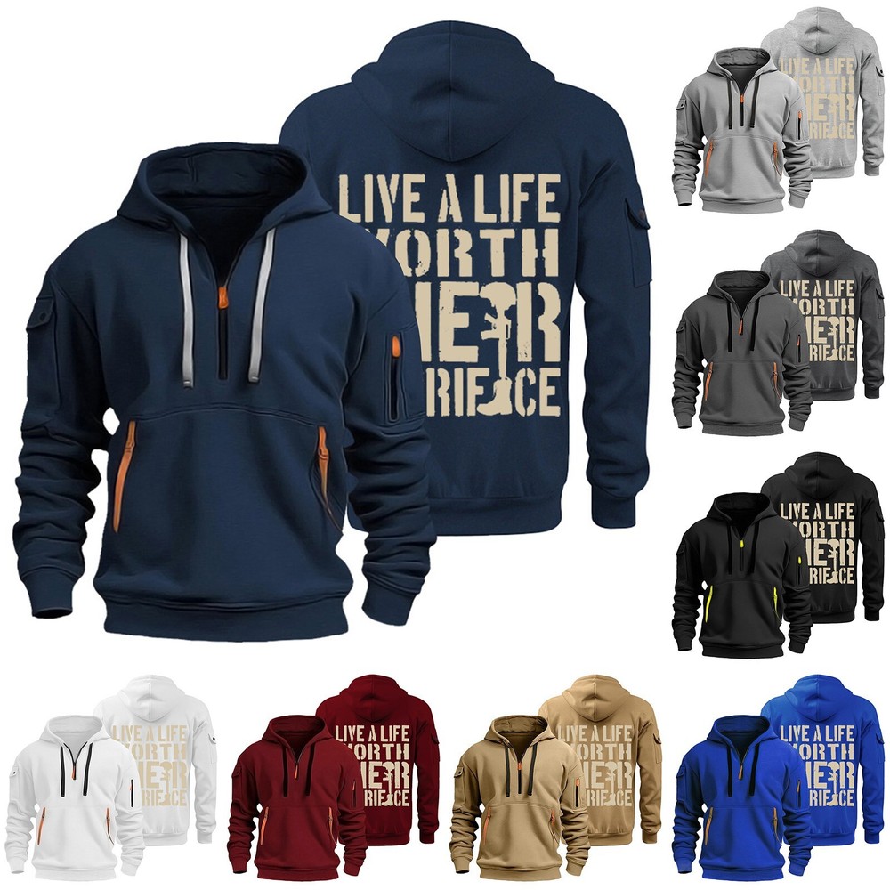 1/4 Zip Pullover Men Camo Hoodie Long Sleeve Workout Tactical Hoodie Arm Pockets