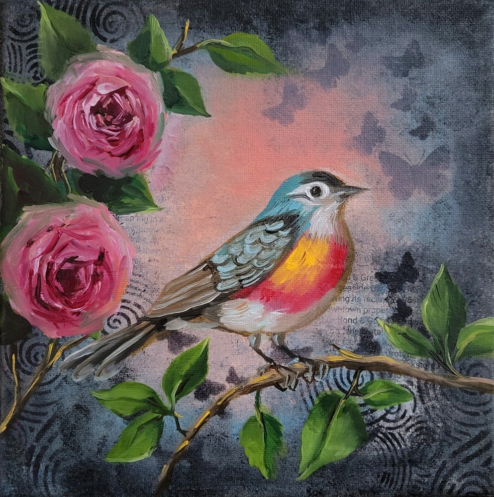 Original Mixed Media - Oil/acrylic / canvas painting* 8 x 8 inches, signed*Bird