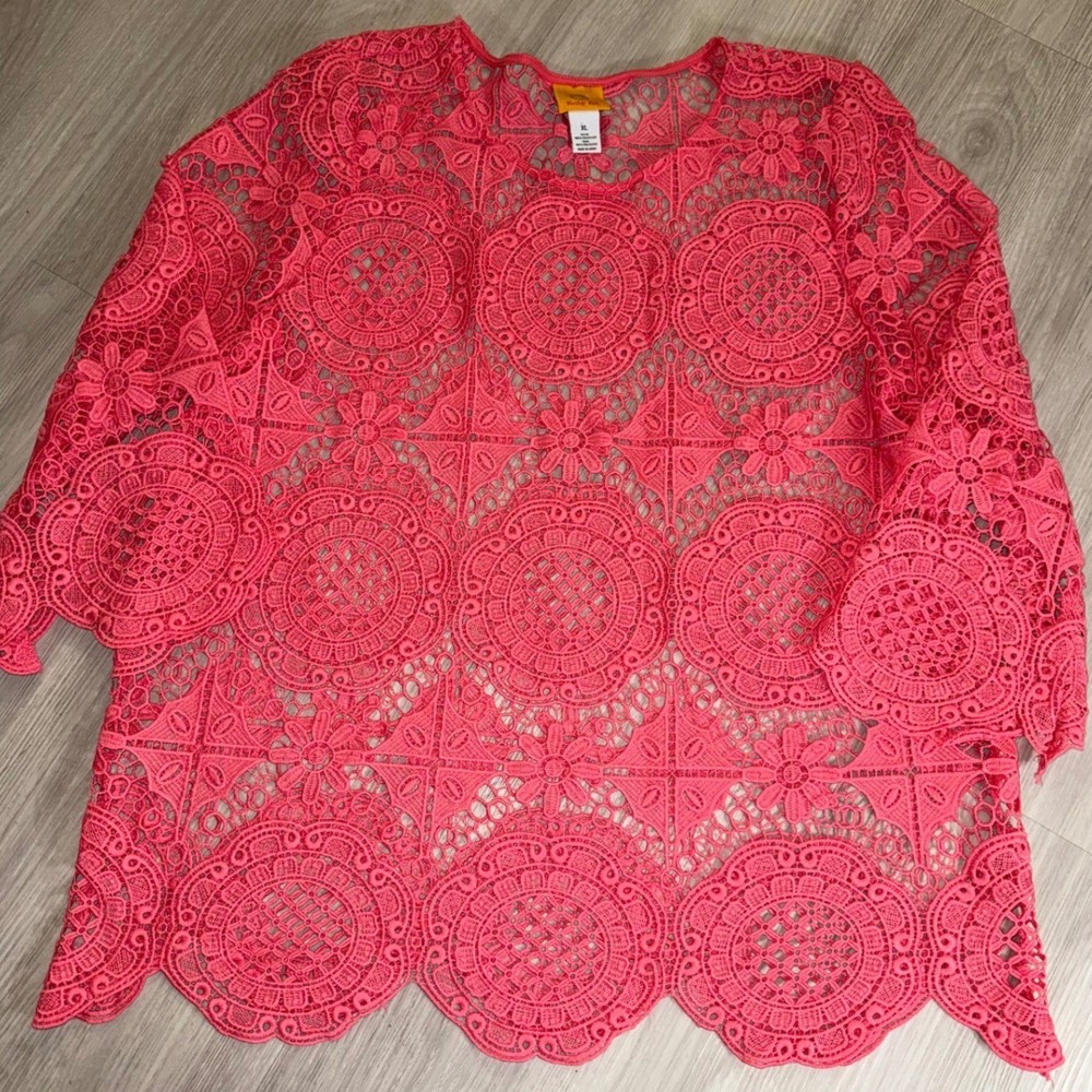 Ruby Rd Womens XL Coral Pink Crochet Lace Floral Medallion Blouse 3/4 Sleeve Top