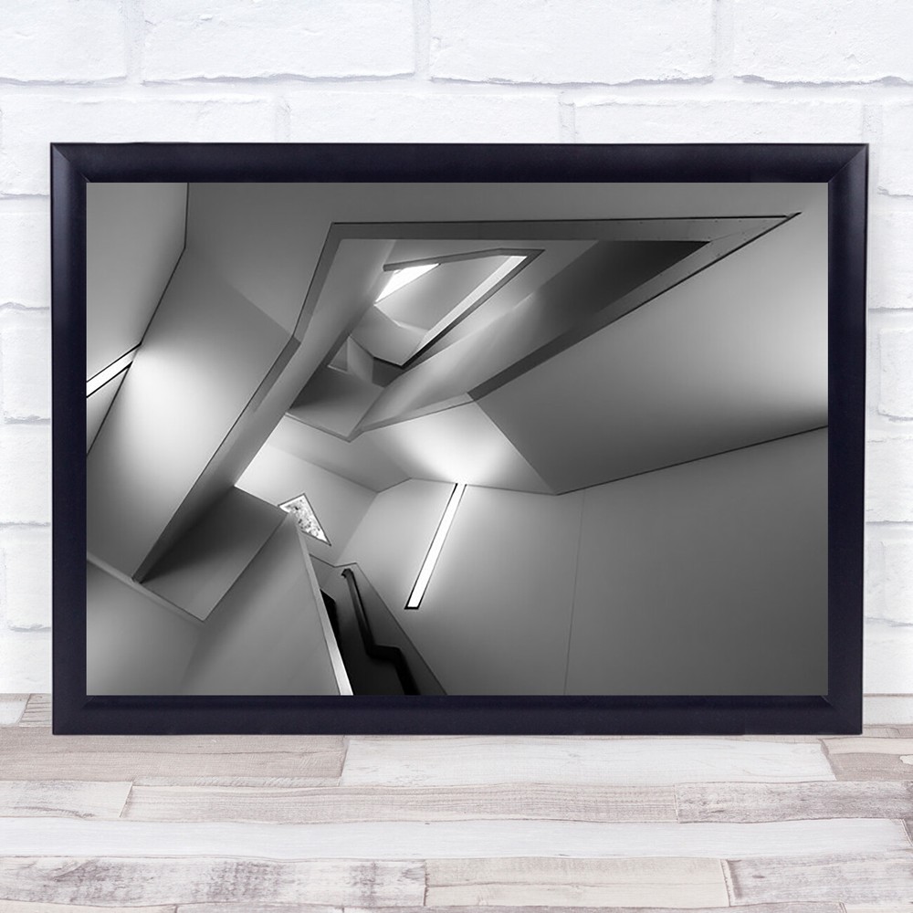 Staircase Black White Lights Ceiling Lines Pattern Texture Wall Art Print