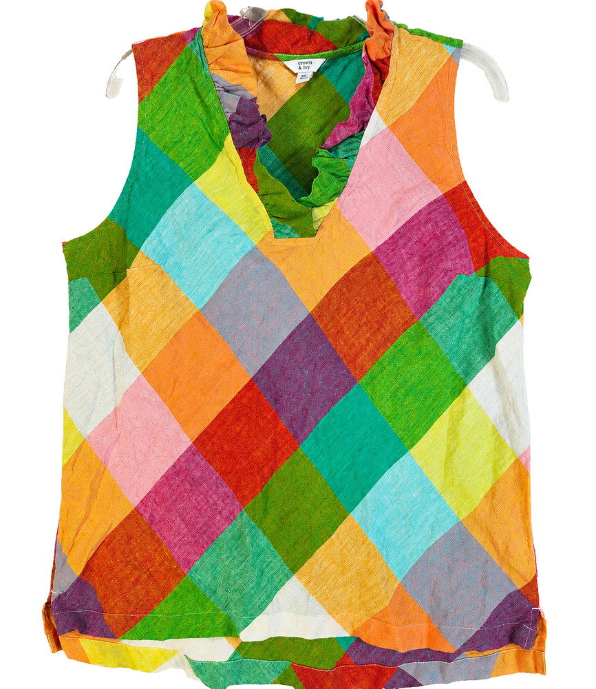 Crown & Ivy Linen Sleeveless Tunic XL Multicolor Plaid Ruffle V-Neck Women's Top