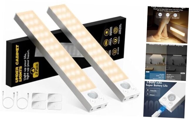 Under Cabinet Lights,2 Pack Dimmable Motion Sensor Light 8.7Inches Warm White
