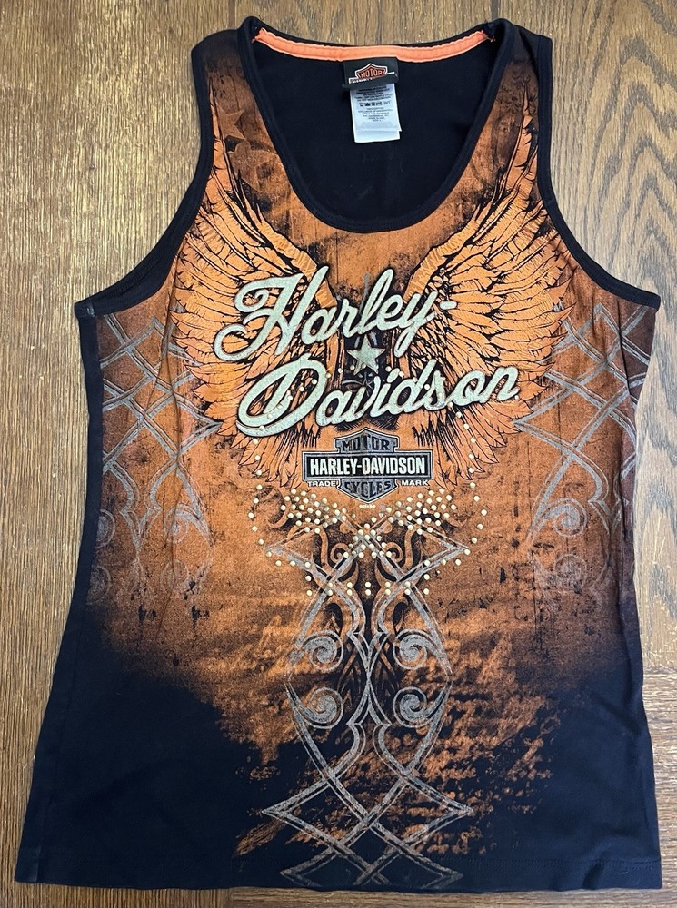 Harley-Davidson Women's Tank Top Orange Black w Wings & Embellishment Size L EUC