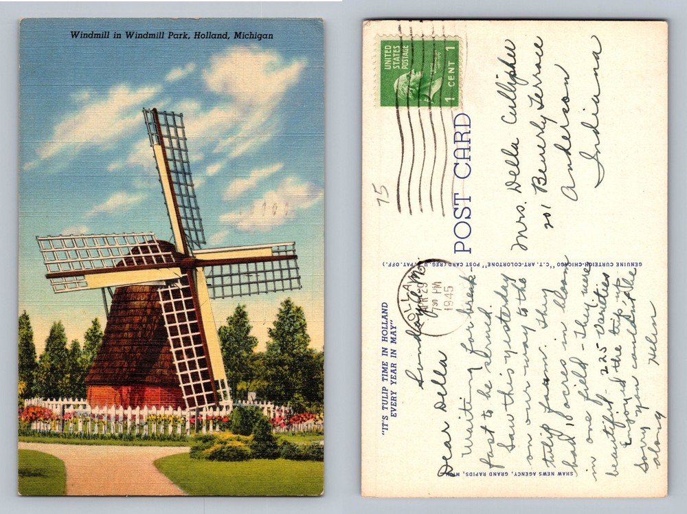 Holland, MI-Michigan, Windmill Park Scene Tulip Time c1945 Vintage Postcard