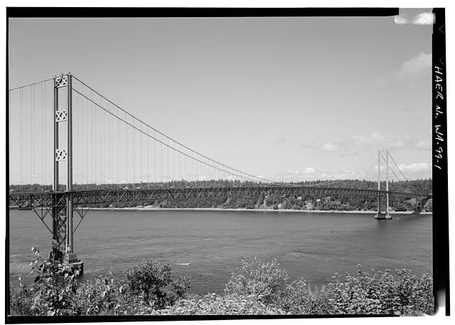 Photo:1. TACOMA NARROWS BRIDGE PERSPECTIVE LOOKING WEST FROM "MILLERS