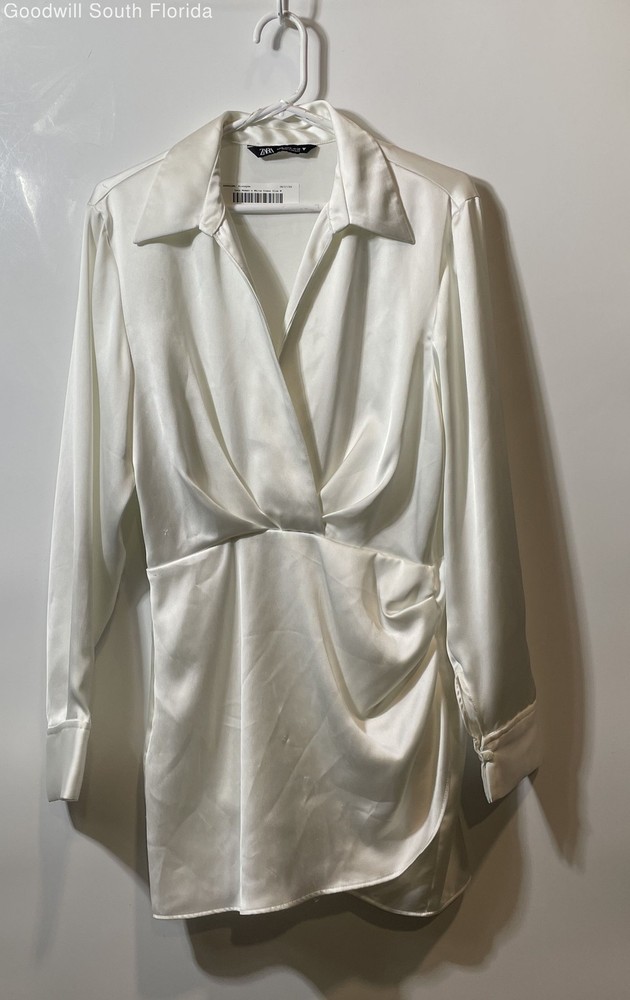 Zara Womens White Long Sleeve Collared Satin Short Mini Dress Size Medium