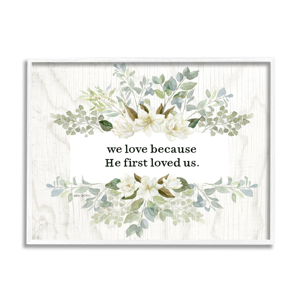 He First Loved Us Sentiment Charming White Florals Framed Wall Art, 14 x 11
