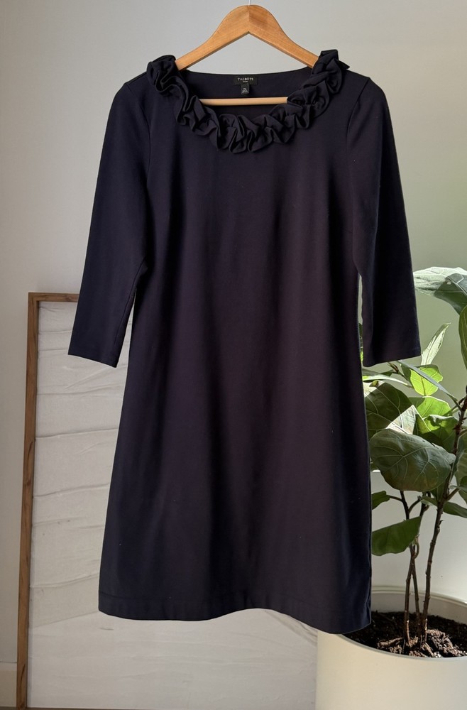 Women's TALBOTS Navy Blue Ruffle Neck Pullover Shift Dress Size Mp Medium Petite