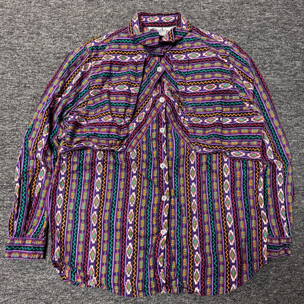 Vintage 90s Rodeo Western Wear Aztec Southwestern Button Up Blouse Top Sz L