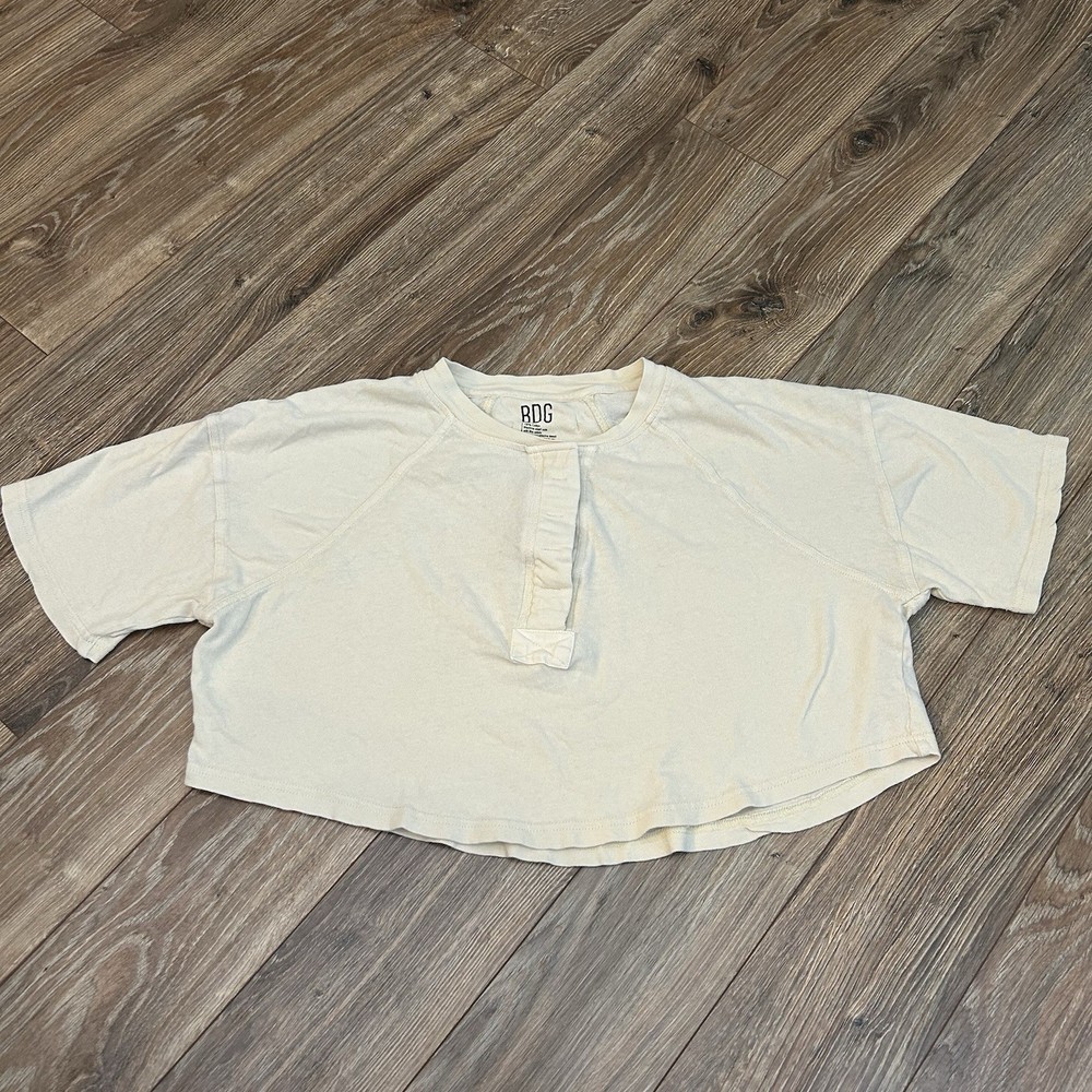 Urban Outfitters Women’s Lily Cropped Henley Ivory Button Short Sleeve Size S