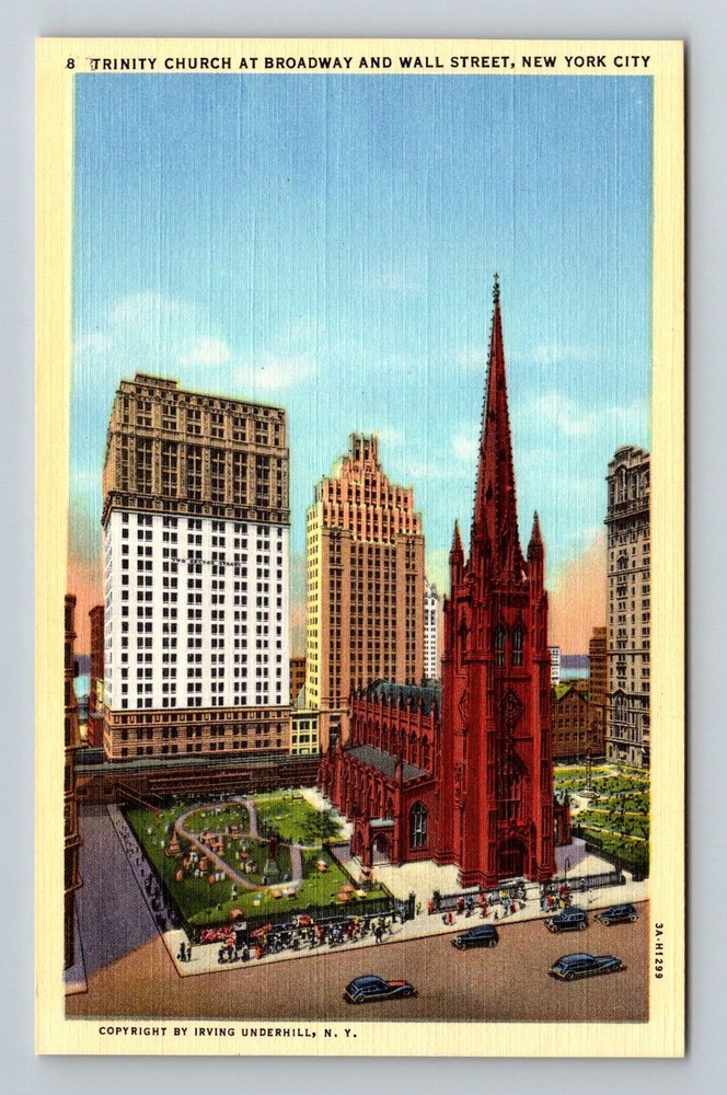 New York City NY,, Trinity Church Broadway Wall Street Vintage Postcard