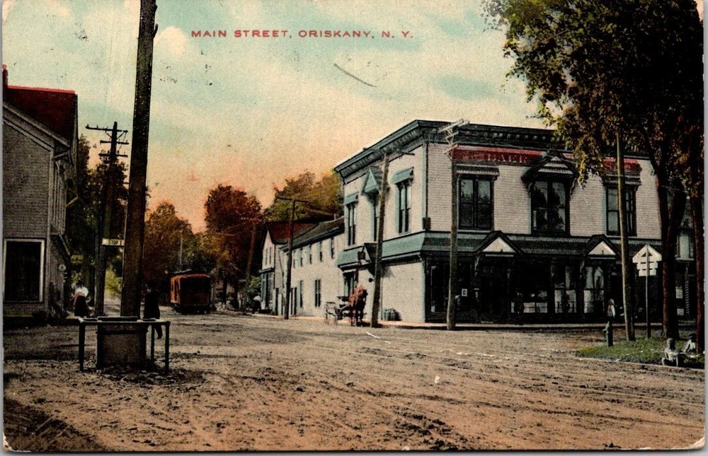 1913 Oriskany NY Main Street Trolley & Horse Carriage Posted Postcard