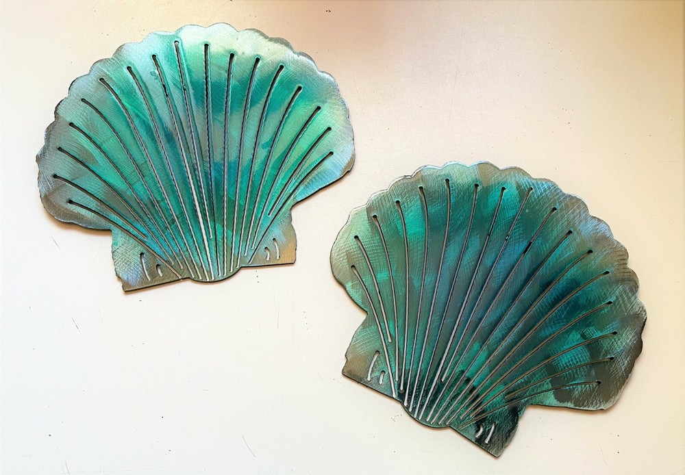 Scallop Shell Pair - Metal Wall Art - Teal Tinged 6 1/2