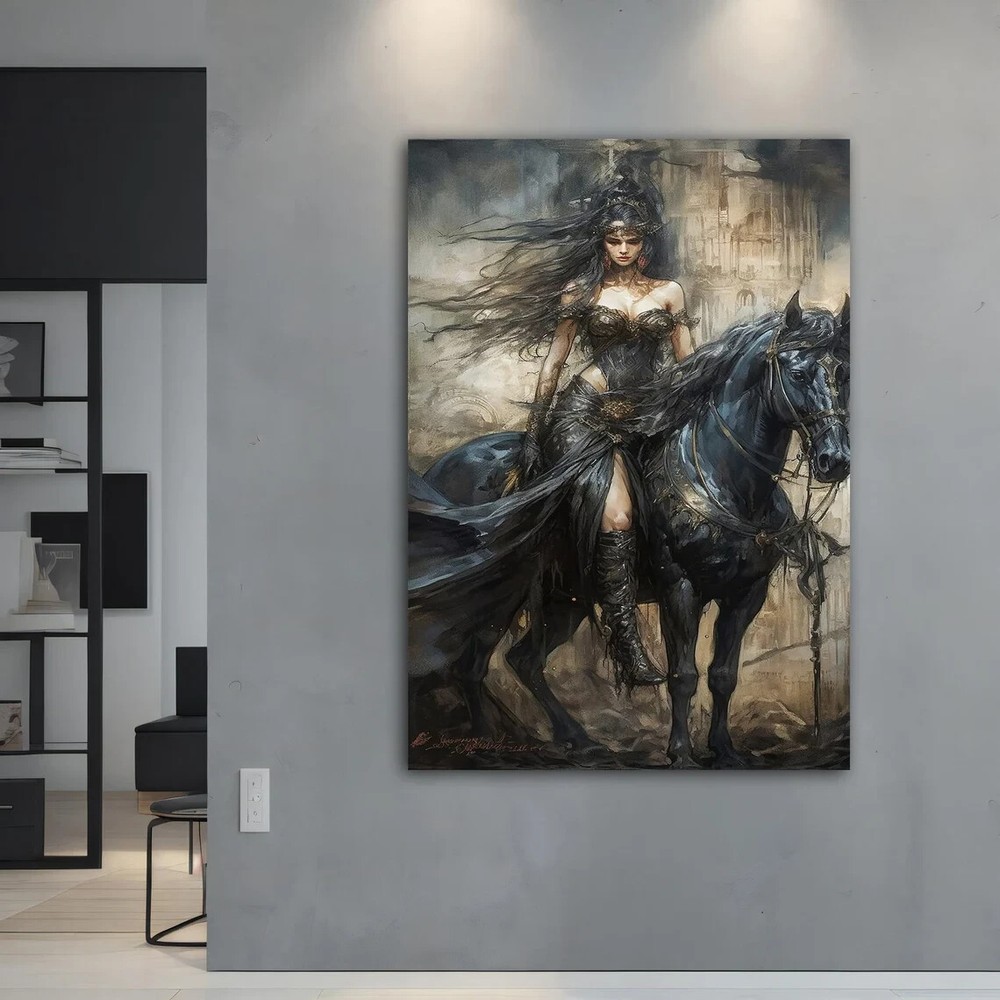 Woman On Black Horse Modern Abstract Unframed Canvas Print Australian Wall Art
