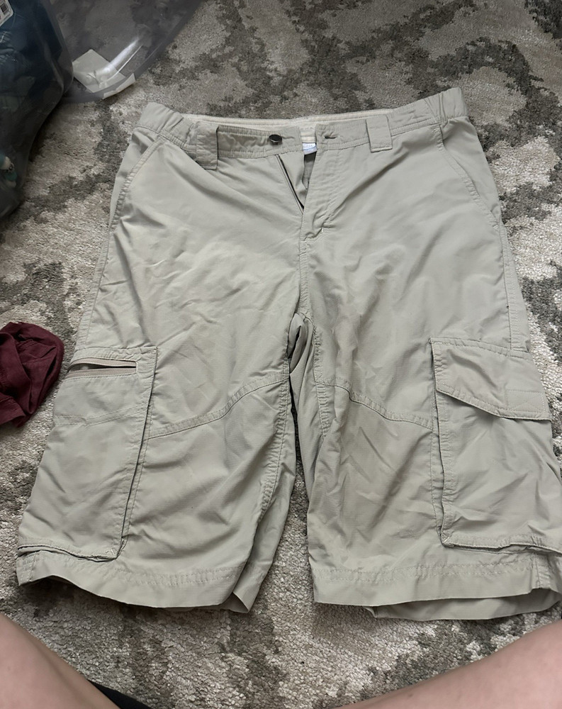 Beige Nylon Cargo Shorts for Men with Button Zip Closure and Pockets