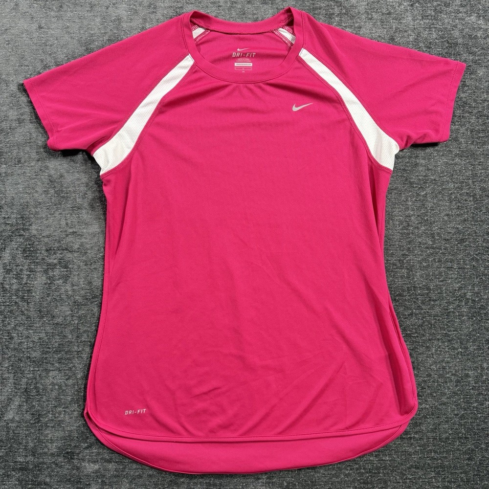 Nike Dri Fit Women's Shirt Size Medium Pink And White Short Sleeve Running