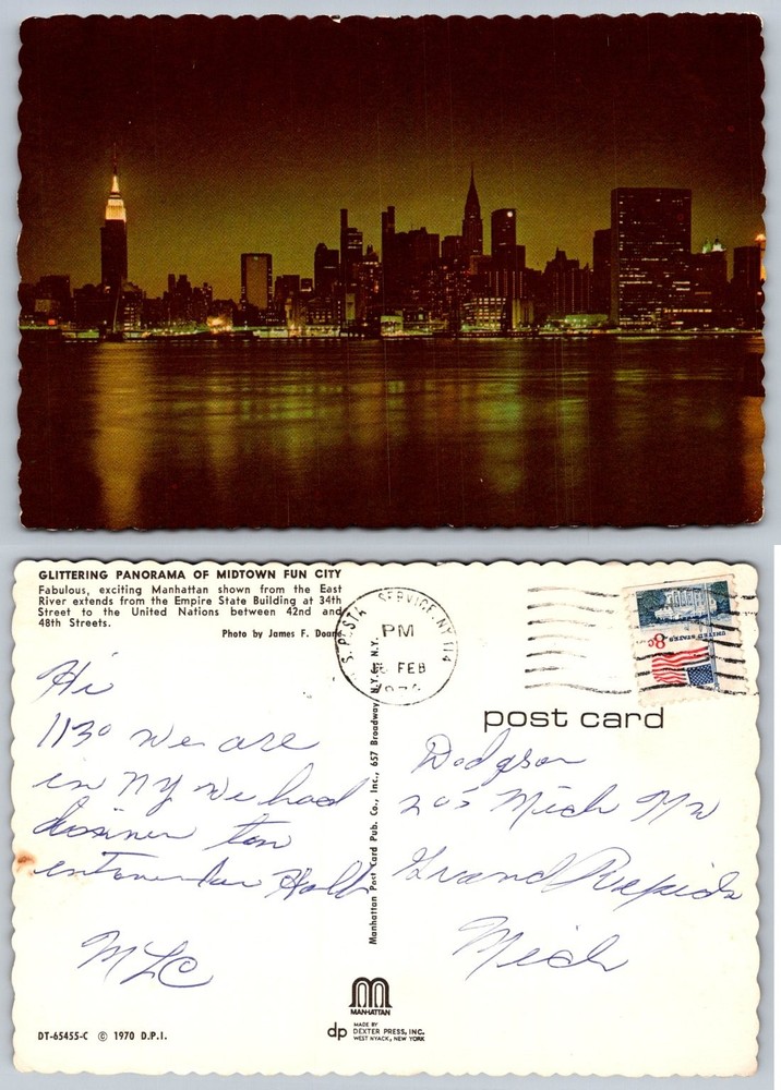 Vintage 1970 NYC Manhattan Midtown Skyline Night Postcard Empire State Bldg