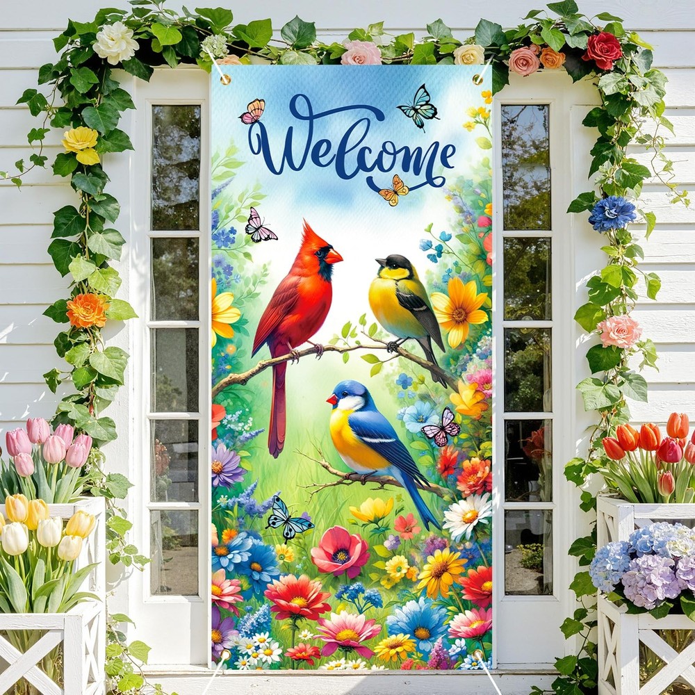 Spring Welcome Door Cover Decorations Spring Summer Bird Flower Door Banner E...