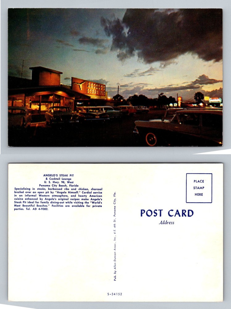 Panama City Beach, FL-Florida, Angelos Steak Pit Night View Vintage Postcard