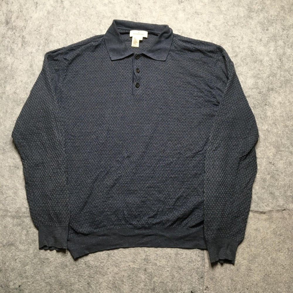 Ermenegildo Zegna Sweater Mens Large Blue Cotton Polo Collar Knit Made Italy