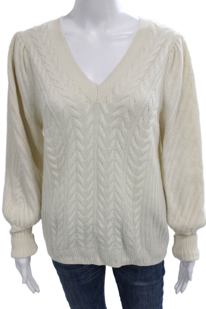 Elie Tahari Women Cashmere V-Neck Pullover Sweater Ivory Long Sleeve Size MFree Shipping in US $100+ Orders | $6.95 Orders Below