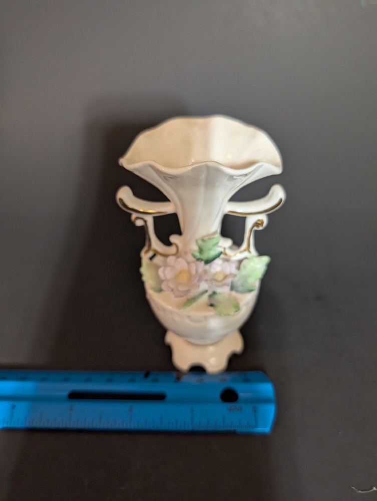 vintage Japanese bone china bud vase, glossy floral pattern, white green pink