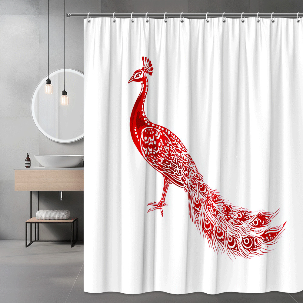 Red Peacock Graphic Shower Curtain, Bird Print Bathroom Decor