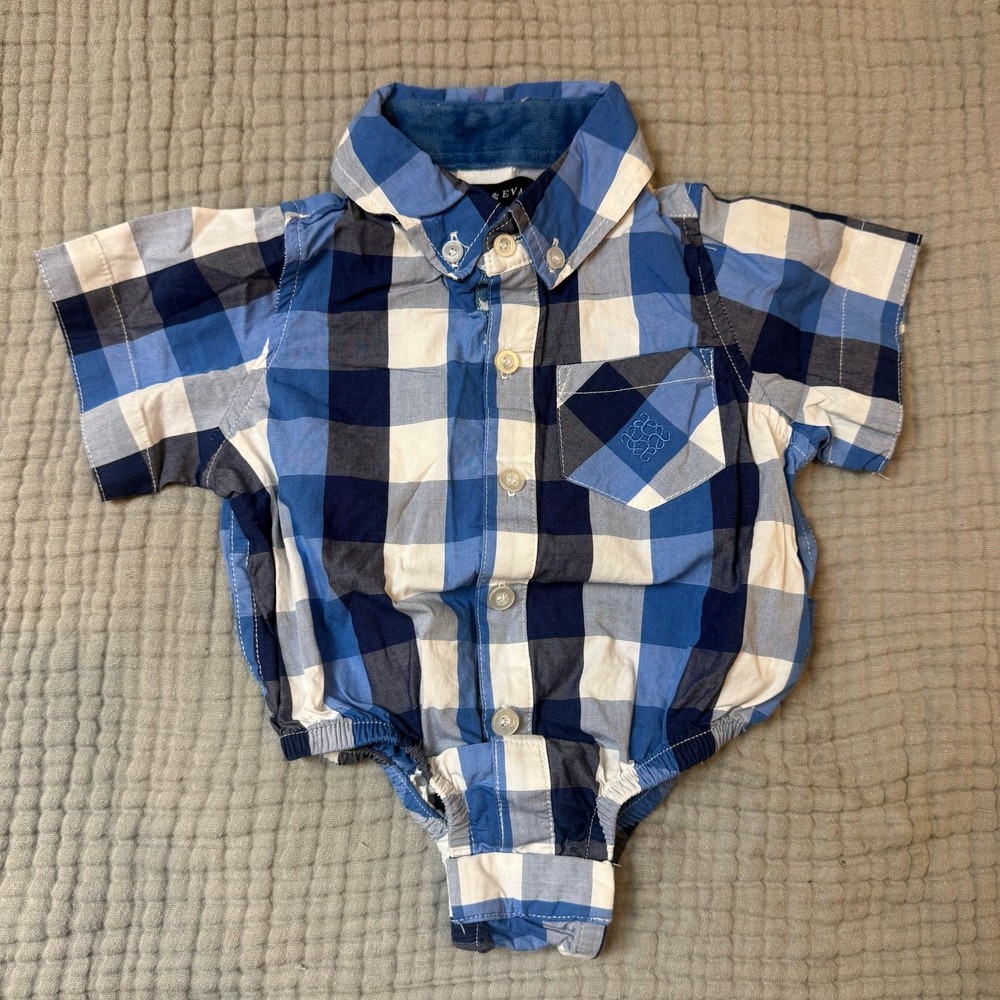 Andy Evan Blue Gingham Plaid Button Down Short Sleeve Shirt 3-6 Months Baby Boy