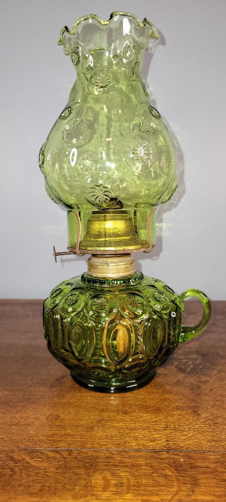 Vintage Green  LE Smith Moon and Stars Glass Oil Lamp Base & Chimney
