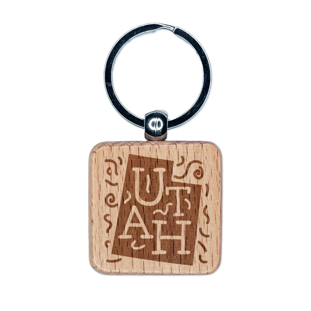 Utah State Engraved Wood Keychain with Text Swirls Design