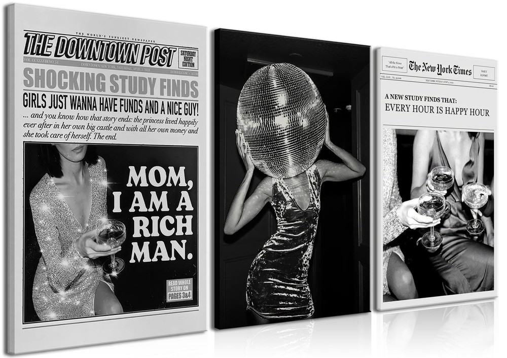 Black and White Canvas Wall Art Set of 3 - Disco Ball Tequila Fashion Poster ...