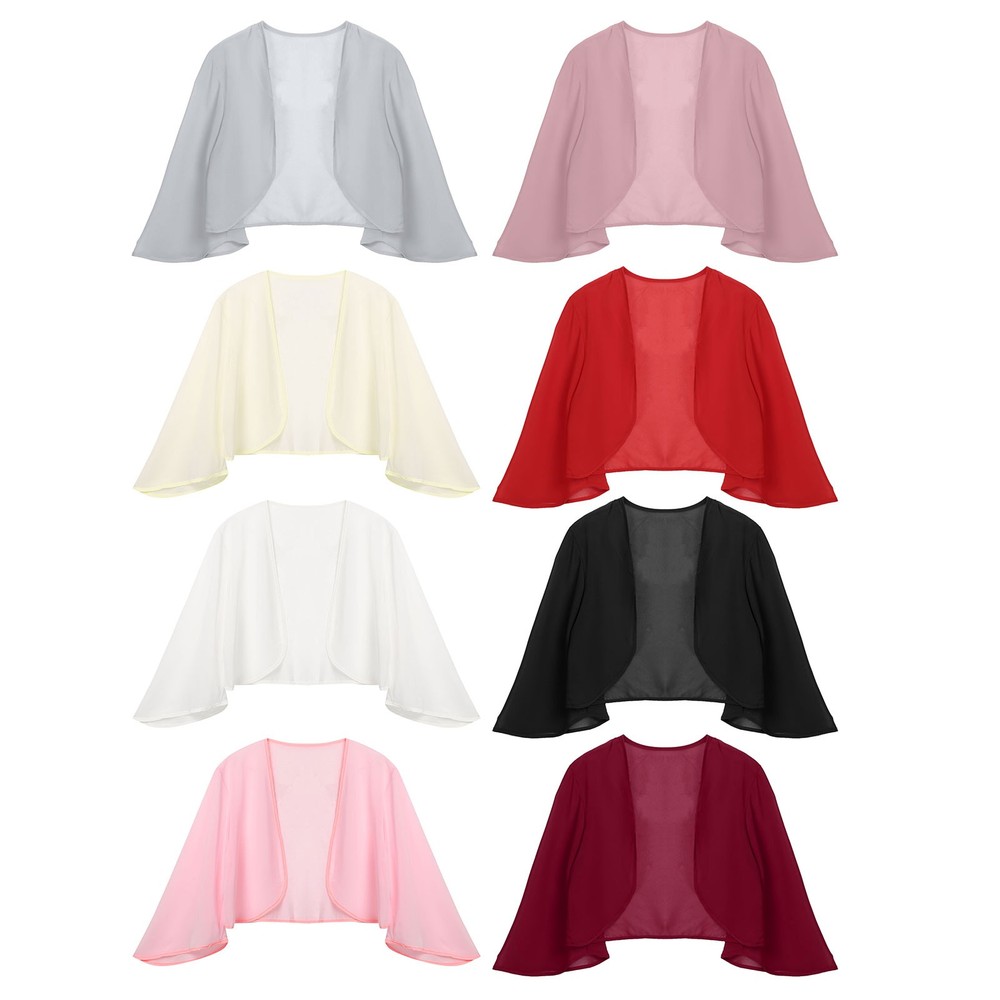 Womens Chiffon Shrug 3/4 Sleeve Cropped Bolero Open Front Sheer Shawl Cover Ups