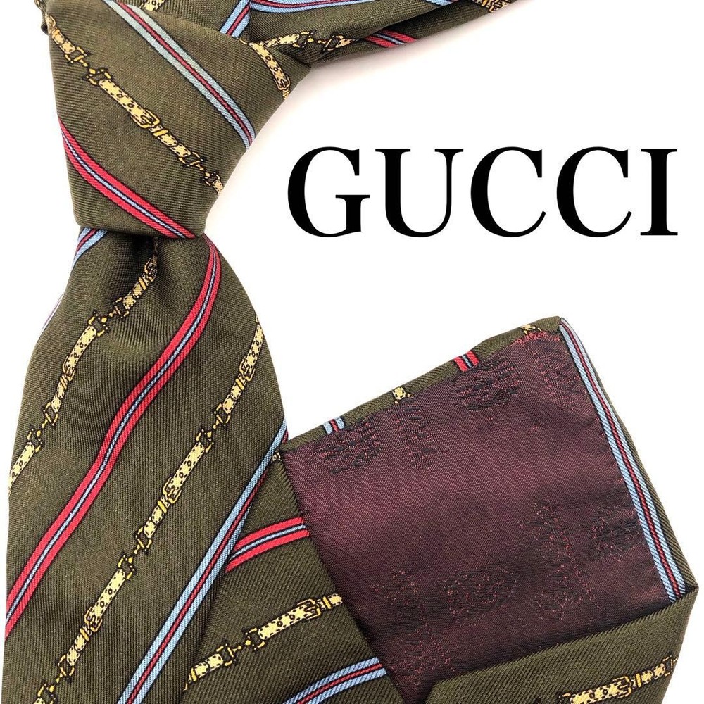 GUCCI Necktie Tie Green 100% Silk Made in Italy All over Striped pattern Men's