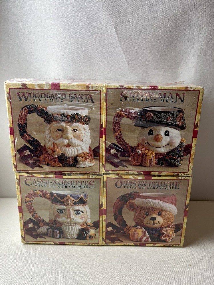 4 20 oz Hand Painted Ceramic Mugs Christmas Santa Snowman Bear Nutcracker
