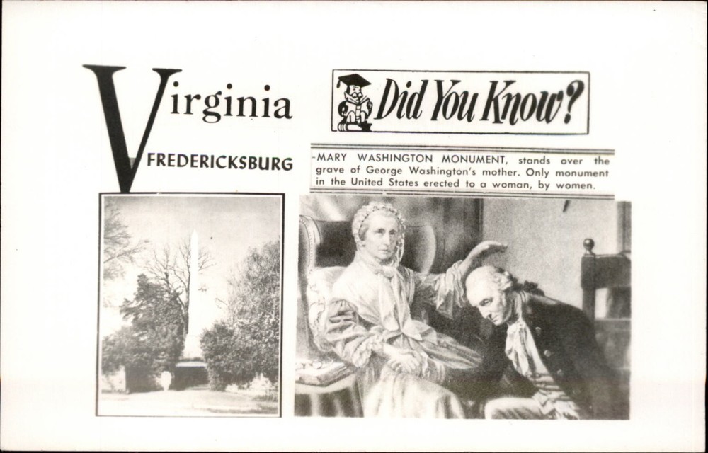 Mary Washington Monument Fredericksburg Virginia vintage postcard k452