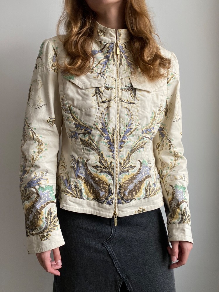 ROBERTO CAVALLI VINTAGE 00s Y2K WOMEN DENIM JACKET PAISLEY PRINT MADE IN ITALY L