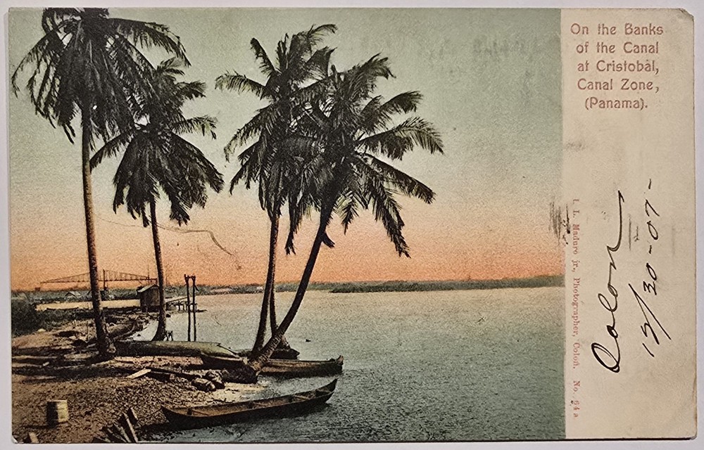 1907 VTG Panama Postcard Cristobal Canal Zone Palm Trees Boats I.L. Maduro Jr.