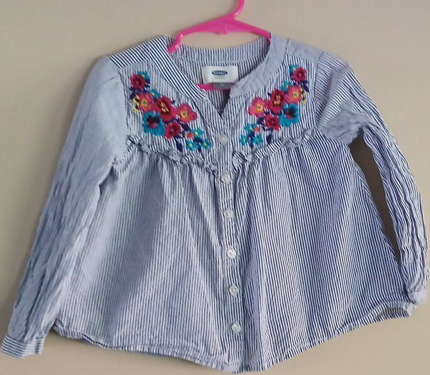 Old Navy Girls 3T Blue White Striped Embroidered Floral Collared Blouse