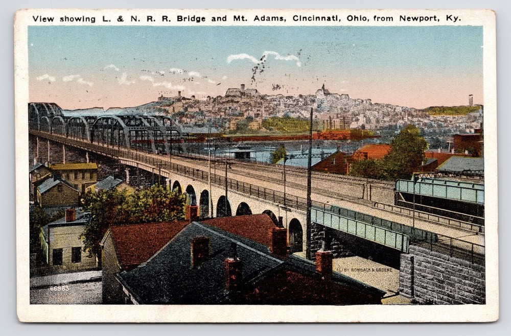 LNRR Train Bridge Mt Adams Newport Kentucky KY Cincinnati Ohio OH Postcard 1920s