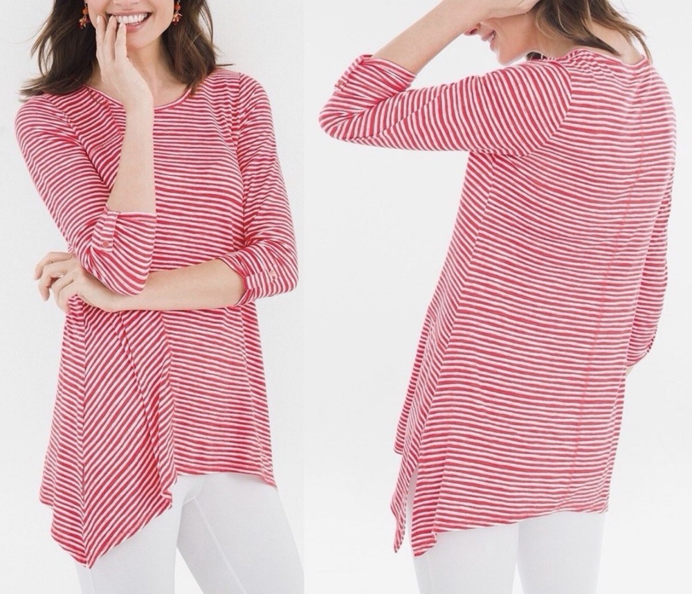 Zenergy by Chico's 2 Striped Tunic Top 3/4 Sleeve Asymmetric Hem Stretch Size L