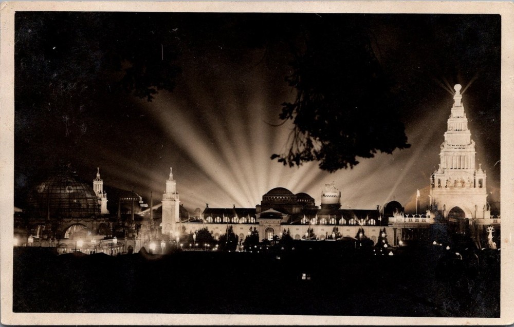 1915 PPIE Panama Pacific Expo Night Scene Searchlights RPPC San Francisco