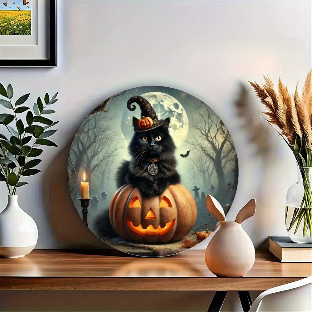 Halloween Black Cat Pumpkin Round Aluminum Sign Spooky Decor
